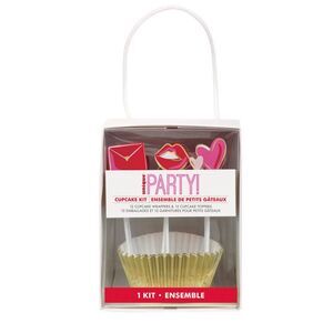 Cupcake Kit 12 Gold Wrappers & 12 Pink/Red Toppers Hearts Lips Envelopes NWT